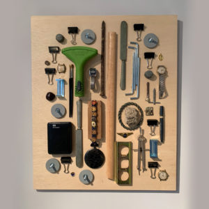 Homage To A Pandemic I, found objects on wood, 20" X 24"