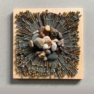 Homage To A Pandemic III, wood, rock, screws, 12" X 12"