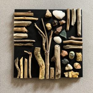 Homage To A Pandemic V, driftwood, rock, shells, 12" X 12"
