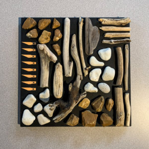 Homage To A Pandemic VI, driftwood, rock, painted X-acto blades, 12" X 12"