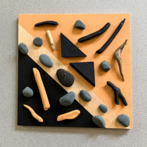 Homage To A Pandemic VIII, driftwood, rock, found objects, 12" X 12"