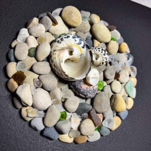 The Things of Earth Series II, painted wood, sea shells, rock, sea glass 12” X 12.”