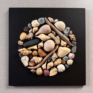 The Things of Earth Series XVI, painted wood, driftwood, rock, sea glass, shells. 12” X 12.”