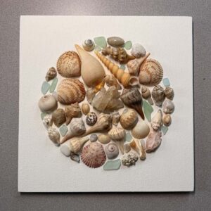 The Things of Earth Series XVII, painted wood, rock, sea glass, shells. 12” X 12.” The sea shells were gifted to me by Jack Kiburz.