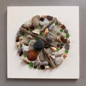 The Things of Earth Series XXI, painted wood, drift wood, rock, sea glass, shells. 12” X 12.”